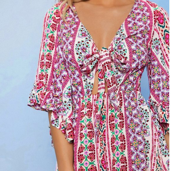 Boho Flounce Sleeve Tie Front Floral Romper - Picture 3 of 7